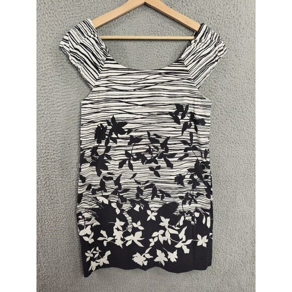BCBGMaxAzria Black White Floral Cap Sleeve Shift Dress Garden Party Chic Small - Picture 5 of 11